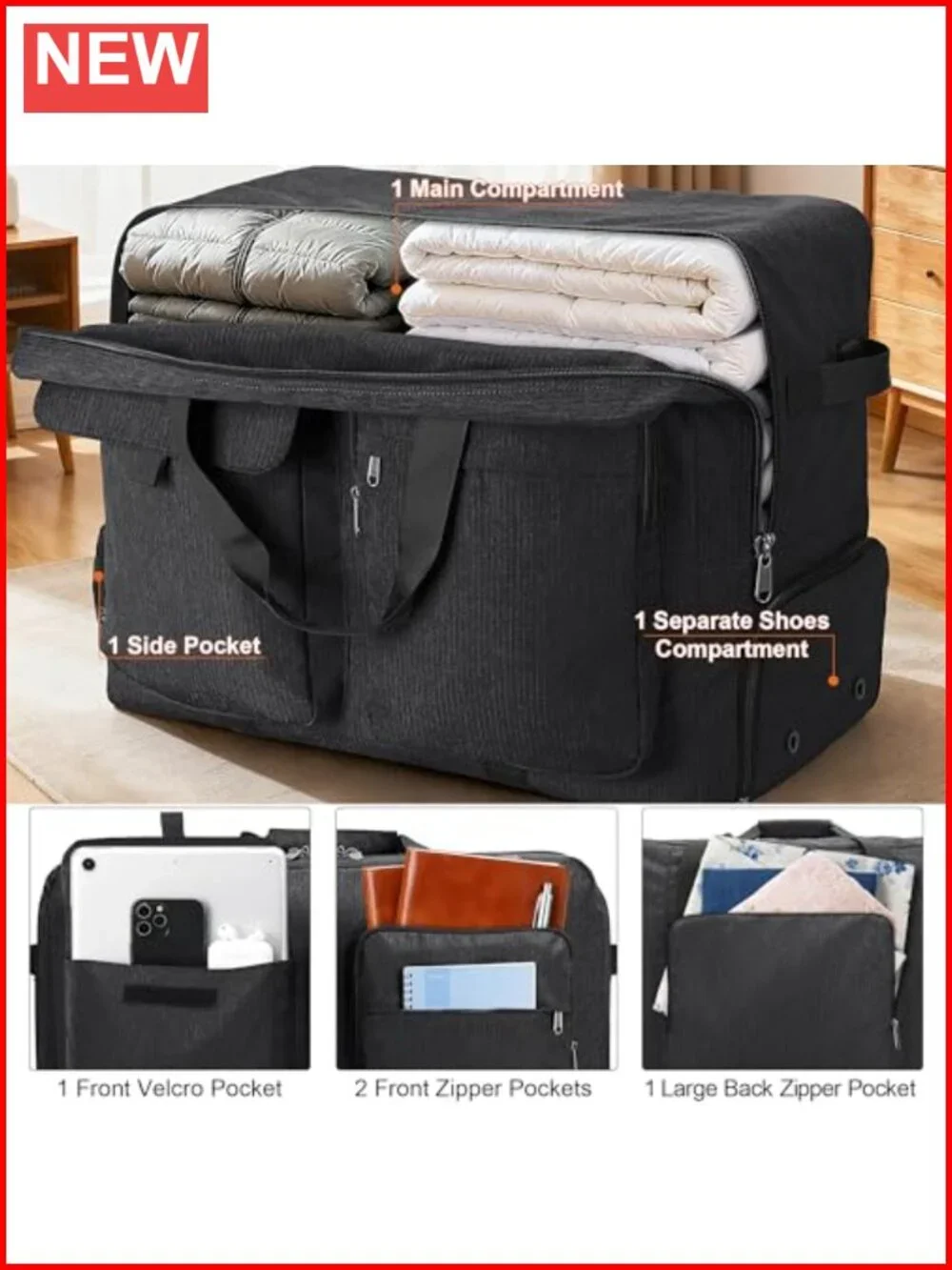 Large Travel Duffle Bag 80L Foldable Waterproof Weekender Gym Bag with Shoe